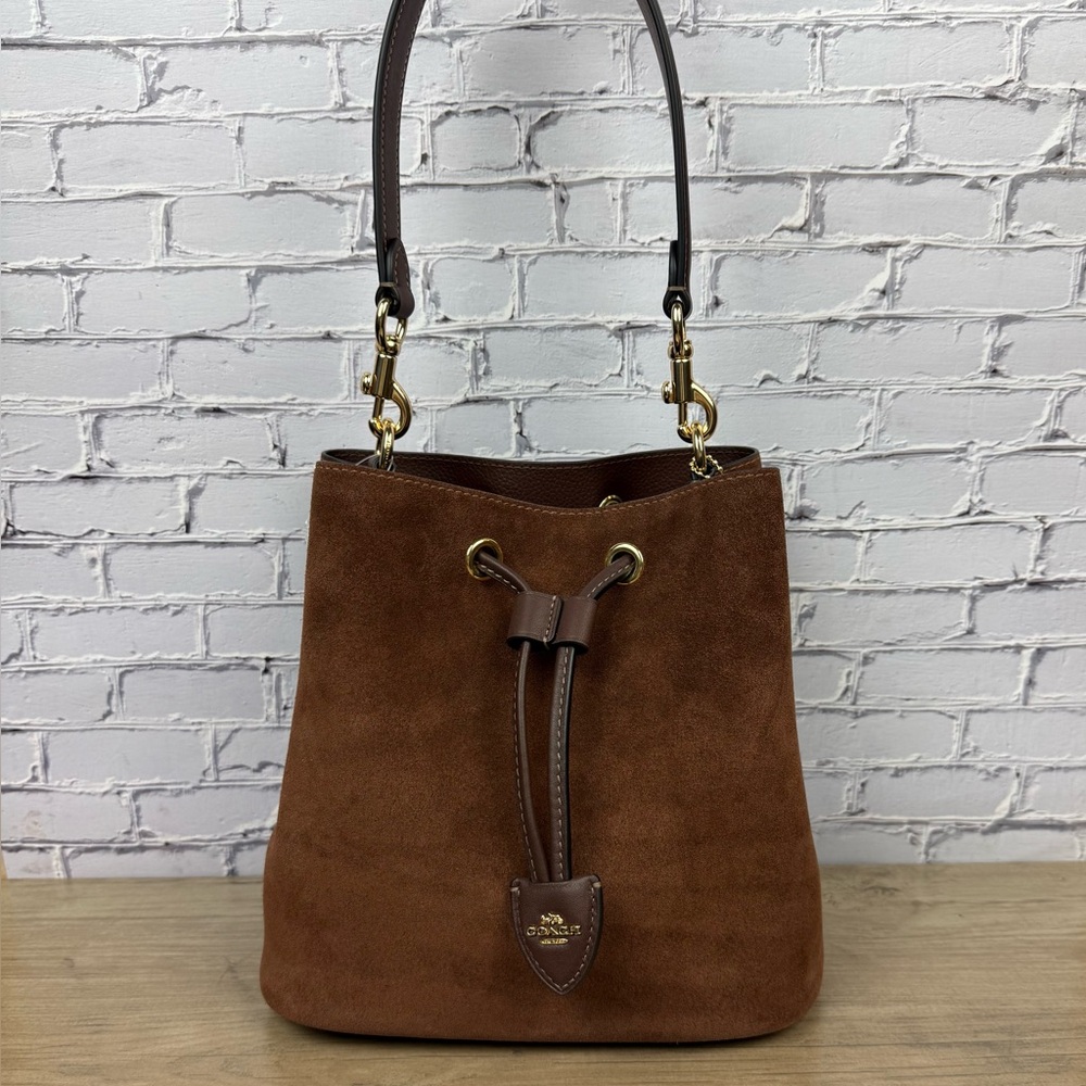 NWT Coach Rowan Bucket Suede Leather Bag Gold/Vintage Brown Crossbody/Shoulder